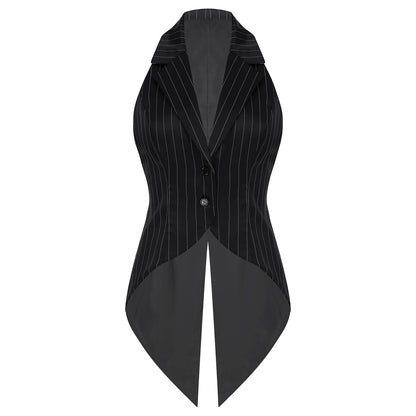Women Striped Tailcoat Vest Waitress Waistcoat Sleeveless Jazz Dance Swallowtail Jacket Tuxedo Halloween Magic Cosplay Costume