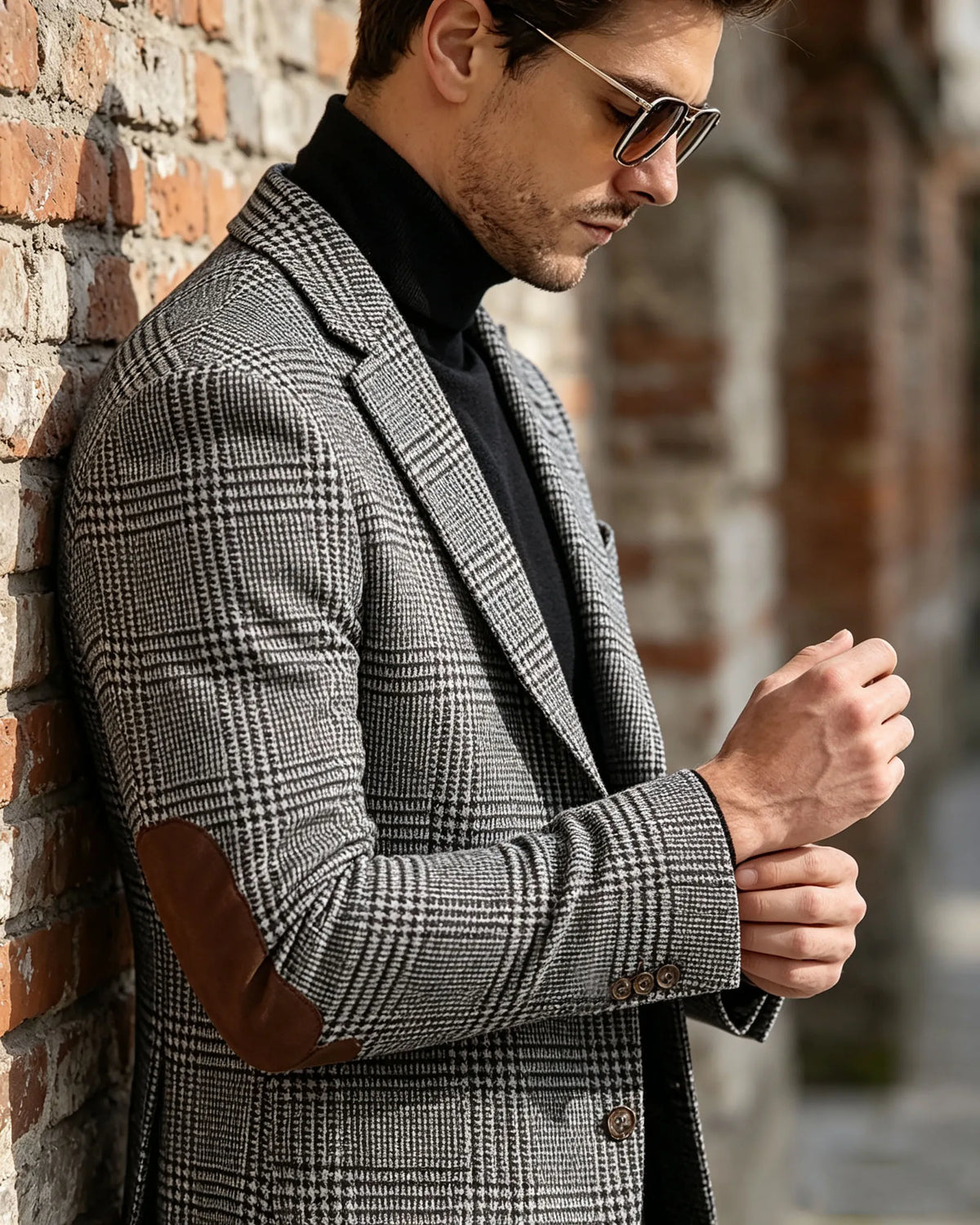Vintage Wool Blend Plaid Men's Jackets Notched Collar Slim Fit Single Breasted Blazers With Suede Elbow Patches Business Casual