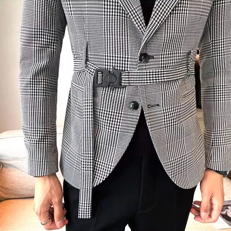 2025 Autumn Winter Classic Checkered Suit Jacket for Men Belt Decoration Slim Fit Casual Business Blazers Social Party Jacket