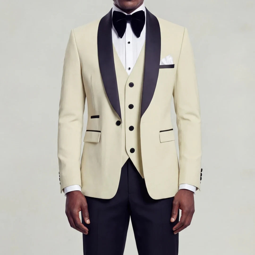 Men Suit 3 Pieces Beige With Black Lapel Slim For Wedding Groom Business Party Prom Banquet Work Office Jacket Vest And Pants