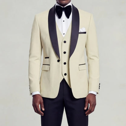 Men Suit 3 Pieces Beige With Black Lapel Slim For Wedding Groom Business Party Prom Banquet Work Office Jacket Vest And Pants