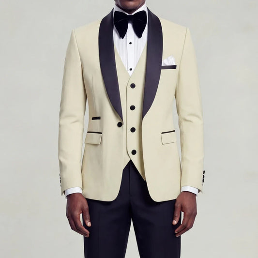 Men Suit 3 Pieces Beige With Black Lapel Slim For Wedding Groom Business Party Prom Banquet Work Office Jacket Vest And Pants