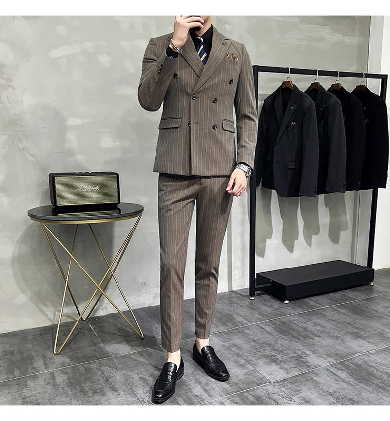 Slim Fit Double-breasted Striped Suit Vest Trousers 3-Piece Set Korean Fashion M-7XL Men's Fashionable Striped Three-piece Suit
