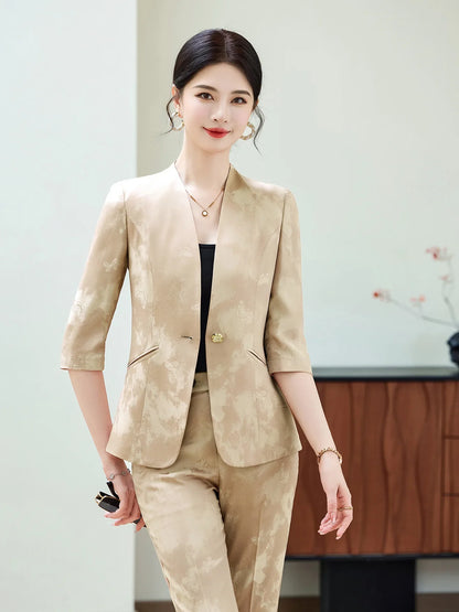 Fashion Office Ladies Blazer and Pants Suit Formal V Neck Half Sleeve Women Jacket Trouser Women Business Work Wear 2 Piece Set