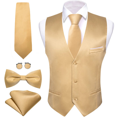 Men's Suit Vest 5-Piece Set – Solid Color V-Neck Waistcoat with Tie, Bow Tie, Pocket Square & Cufflinks for Wedding & Business
