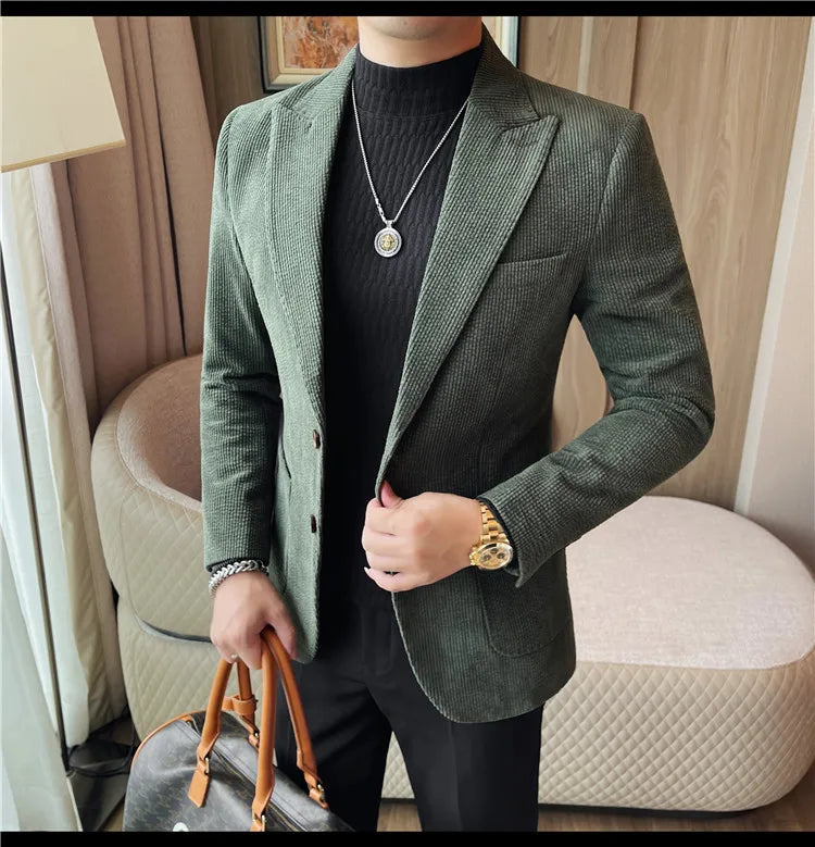 Men's Smart Casual Single Breasted Blazer – Spring Autumn Jacket in Green, Black & Coffee