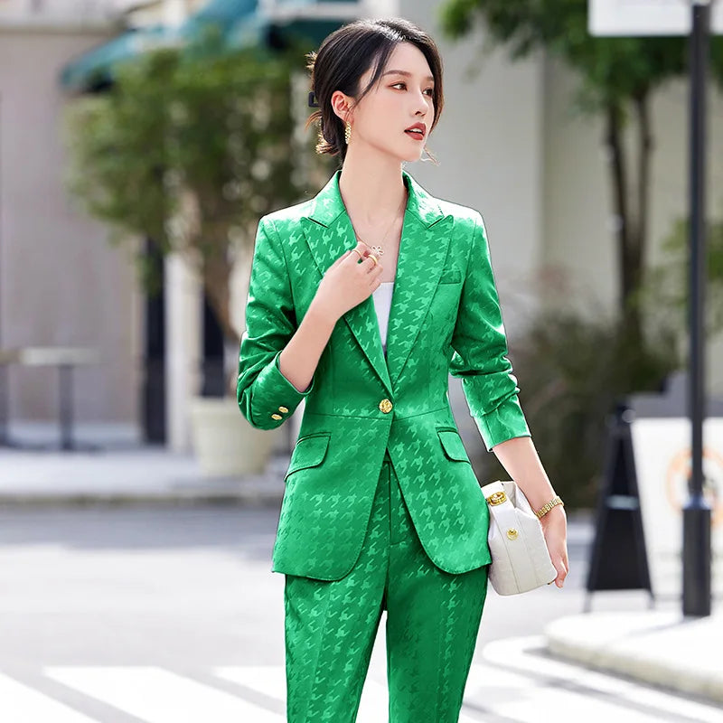 Fashion Ladies Formal Pant Suit Women Houndstooth Single Button Jacket And Trouser Female Business Work Wear 2 Piece Blazer Set