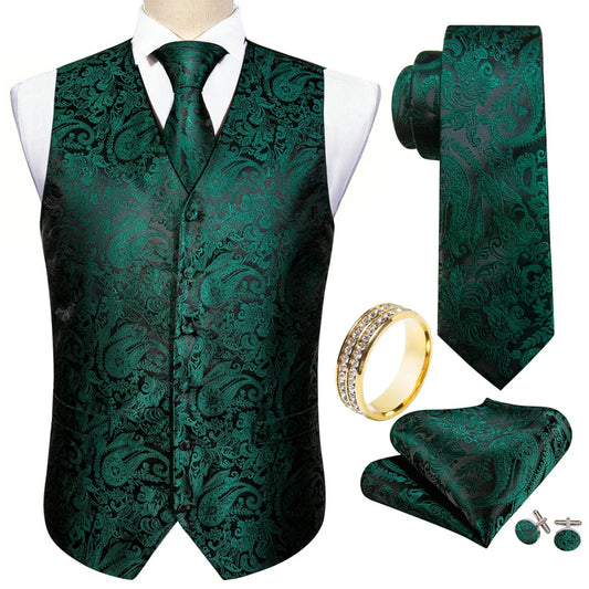 Men's Vest Paisley V-Neck Matching Set with Tie Pocket Square Cufflinks Ring Black Emerald Banquet