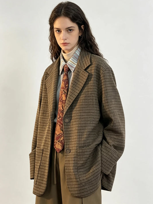 Women Brown Plaid Blazer Y2k 2000s Vintage Suit Coat Japanese Loose Vintage Casual Oversize Jacket Outerwear Spring Autumn 2026