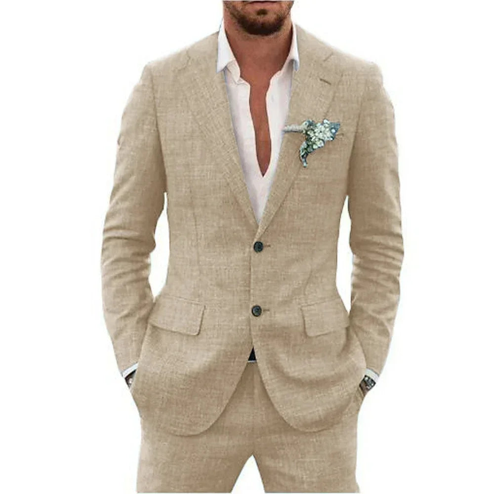 Terno de linho casual masculino, 2 peças, blazer, calça, conjunto slim fit, verão, praia, festa, casamento, baile, noivo, smokin