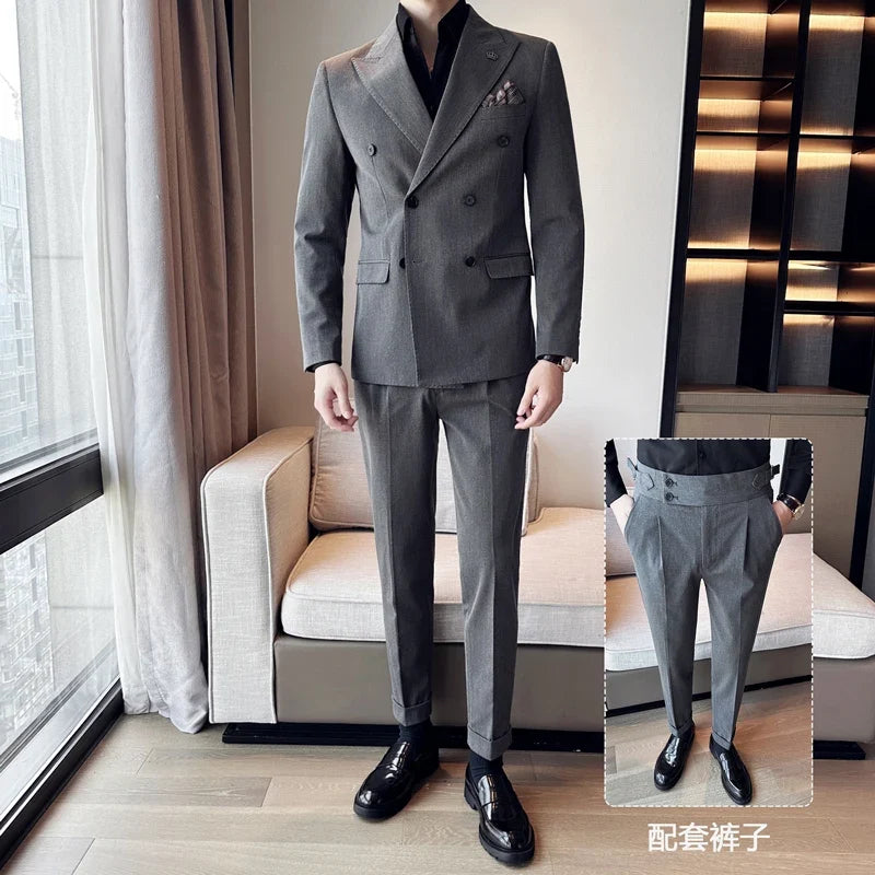 (Blazer + Trousers) Fashion Double Breasted Design Slim Men's Suit Italian Style Luxury Wedding Social Party Tuxedo 2 Piece Set