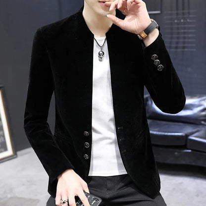 Slim Fit Velvet Yuan Collar Shirt Korean Style Fashion Trend Handsome Canary Boutique Coat New Version Small Yuan Collar Suit