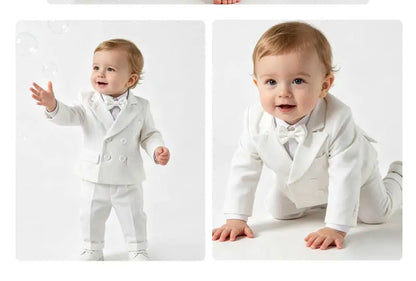 Boys White Wedding Suit Set Kids Formal Double‑Breasted Blazer Bow Tie Pants Outfit Toddler Party Christening Gentleman Costume