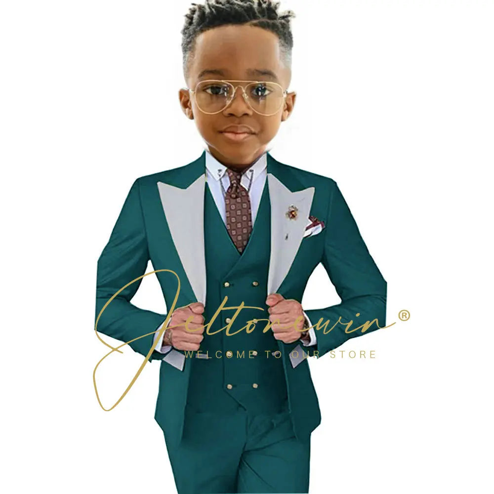 Suits For Boy Jacket Vest Pants 3 Pieces Dark Green Birthday Costume Flower Boys Formal Party Suit Kids Wedding Suit Tuxedo