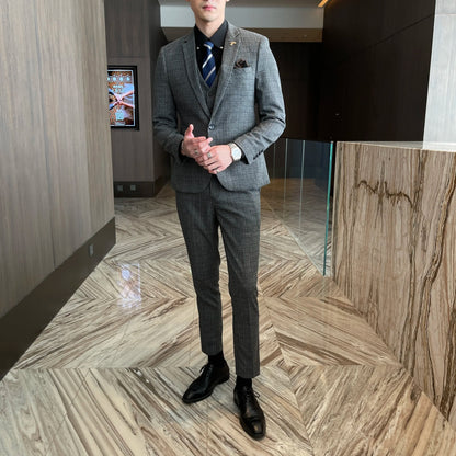 Ensemble costume trois pièces à carreaux modifié de haute qualité de style coréen britannique pour hommes - Gilet et pantalon de costume décontracté élégant