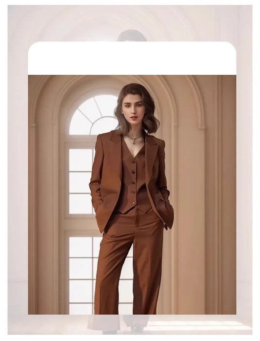 Women's Brown 3 Pcs Suit Lady Pant Suit Set Custom Formal Female Outfits Prom Dress Business Office Suit (Jacket+Vest+Pants)