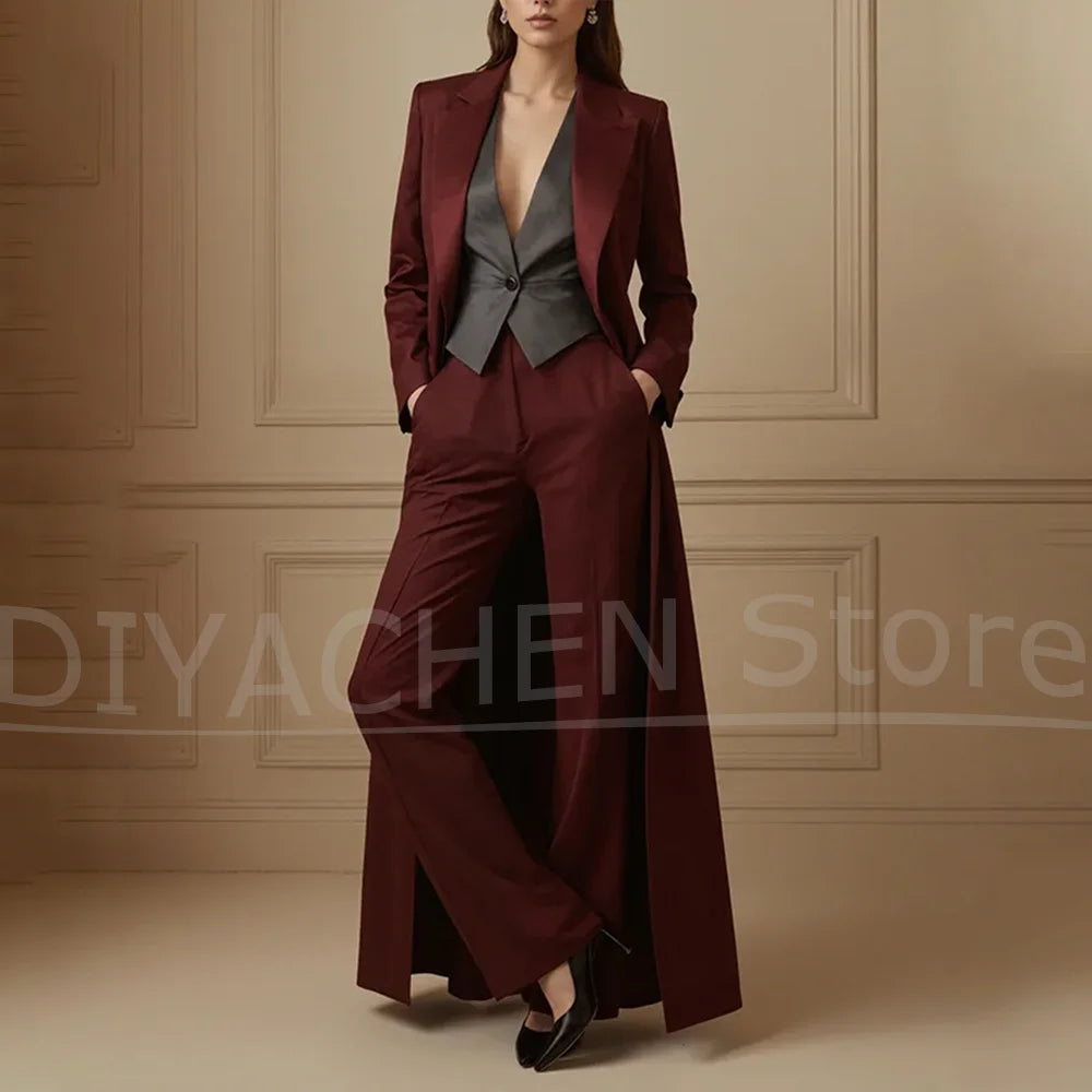 Women's Suit Set Burgundy Long Coat with Gray Vest Wide Leg Pants Chic Peak Lapel Formal Wedding Party Prom Outfit 3 Piece