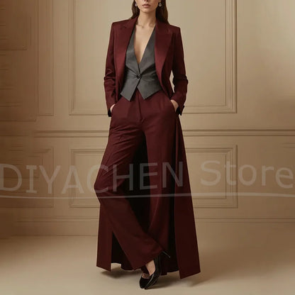 Women's Suit Set Burgundy Long Coat with Gray Vest Wide Leg Pants Chic Peak Lapel Formal Wedding Party Prom Outfit 3 Piece