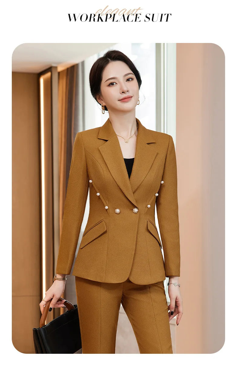 Office Lady Formal Blazer Pants Suits 2 Piece Matching Set Conjuntos Para Mujeres Plus Size Jacket Split Flare Pants Sets New