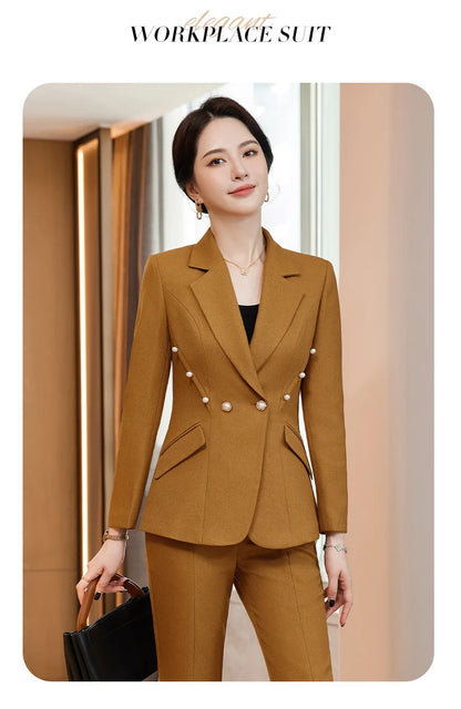 Office Lady Formal Blazer Pants Suits 2 Piece Matching Set Conjuntos Para Mujeres Plus Size Jacket Split Flare Pants Sets New