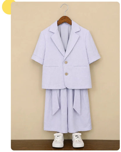 Boys Solid Short Sleeves Blazer Jack Vest Pants Children Suit Waistcoat Wedding Clothes Sets Toddler Formal Dress Kids Tuxedos