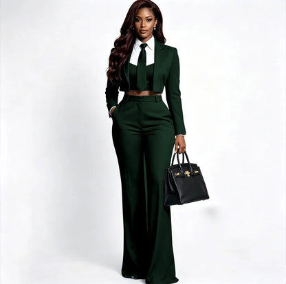 Sharp Women's Burgundy Suit Tailored Cropped Jacket+Wide Leg Pants 2 Piece Set Formal Evening Party Female Clothing