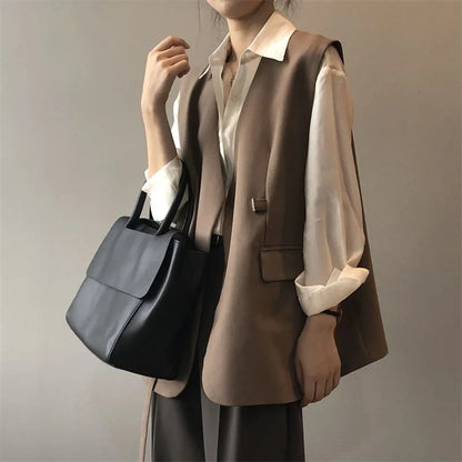 Women V-Neck Suit Coats Casual Sleeveless Blazer Korean Style Oversize Work Vests 2025 Spring Elegant Solid OL Blazer