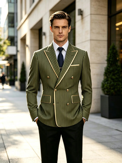Pinstripe Double Breasted Peak Lapel Mens Suit Jacket Business Slim Fit Gold Trim Striped Coat Formal Wedding Prom Banquet Party