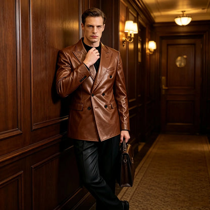 Vintage Men's Brown Leather Blazer Double Breasted Peak Lapel Slim Fit Suit Jacket High Quality Fashion Sport Coat Business Casu