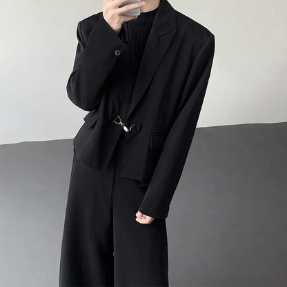 Fashion Korean Elegant Metal Buckle Placket Loose Blazer Coat Men 2025 New Solid Color Trendy Casual Male Clothes JY3447
