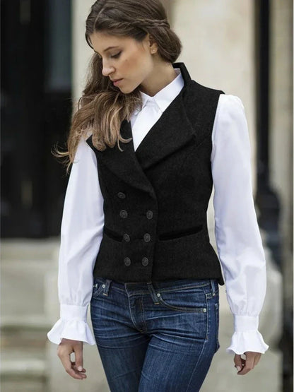 Women's Vest Double Breasted Herringbone Slim Fit Sleeveless Jacket for Casual & Work