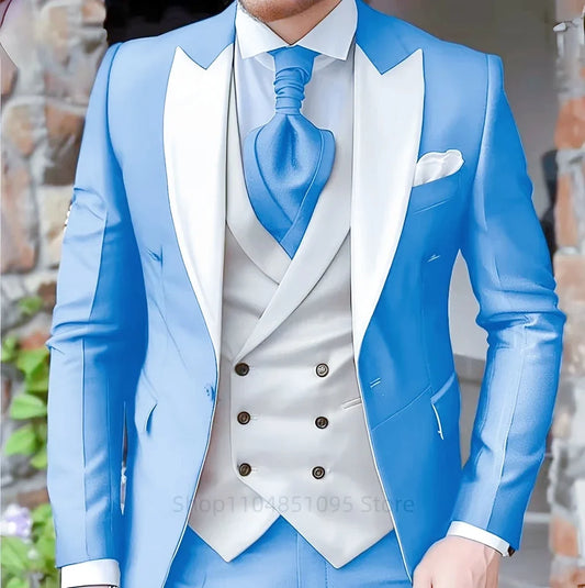 Solid Slim Fit 3 Piece Suit Set for Men Formal Business Elegant Wedding Groomsmen Office Outfit with Stage Party Costume Outfit