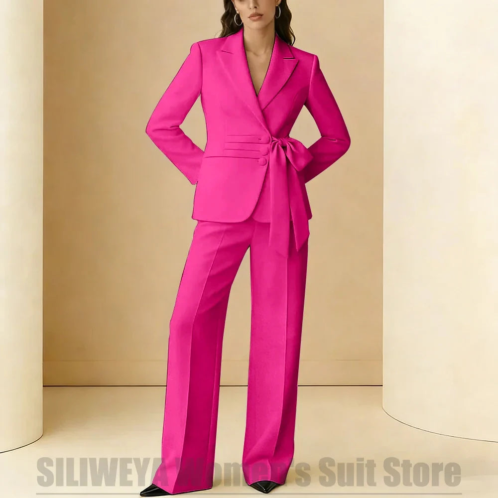 Women's Suit 2 Piece Bow Belt Design Formal Outfit for Wedding Party Prom Office Fashion Peak Lapel Daily Casual Lady Suits