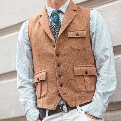 Men's Herringbone Suit Vest – Single Breasted, Smart Casual, for Weddings & Groomsmen