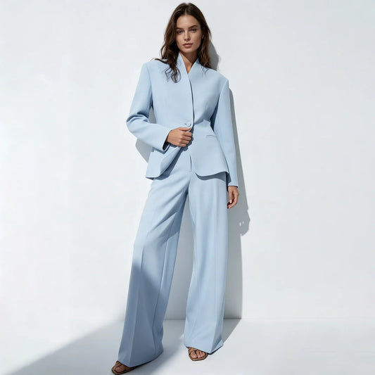 2026 Women Stand Collar Suit Set, Single Button Fitted Blazer & Wide Leg Pants Formal 2 Piece Outfit