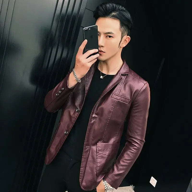 Coat Korean Style Male Leather Blazer Single Breasted Spring Clothes Men's Suit Jackets Luxury Designer High Quality Simple New