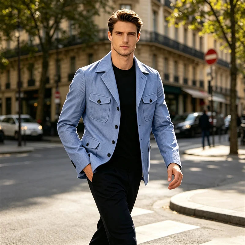 Men's Linen Safari Blazer Four Flap Pockets Slim Soft Jacket Casual Business Coat For Street Outdoor Vacation Party Daily Travel