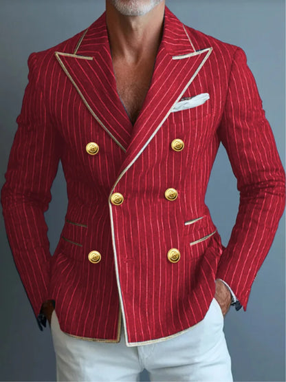 Business Fashion Suit Jacket Striped Suit Jacket with Double Row Metal Buckles Blue Blazer Striped Jacket Man Top Man Coat