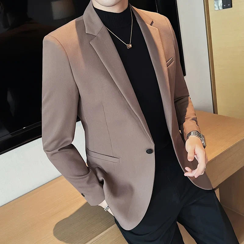 High-Quality Fashionable Men's Slim Fit Business Suit Jacket Autumn Wear Korean Style Pure Color Tweed High-End Feel