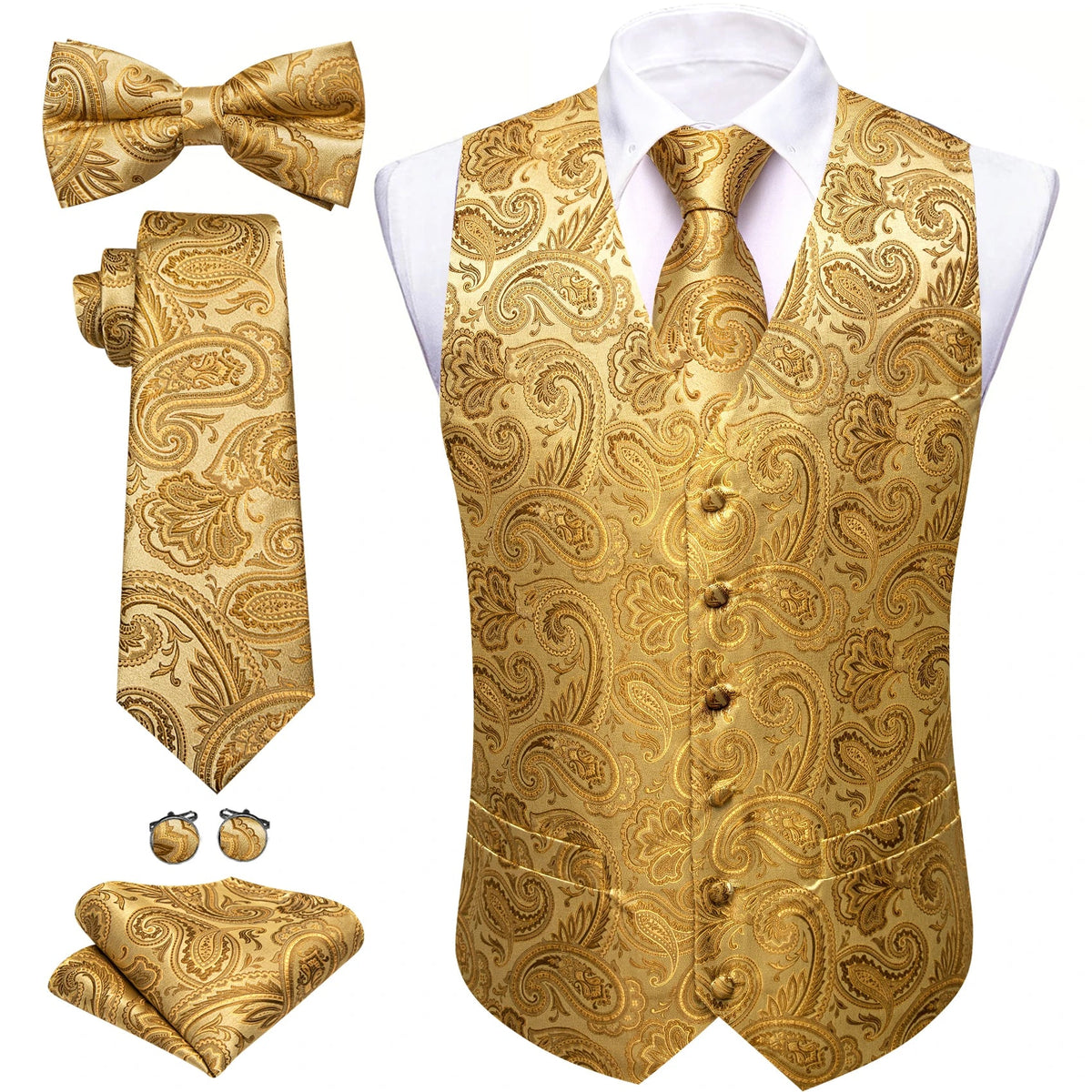 Men's Jacquard Suit Vest Set with Tie, Bow Tie, Pocket Square & Cufflinks – Wedding & Formal