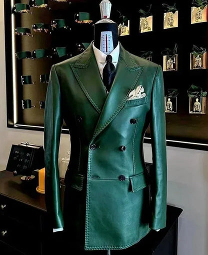 Business Leather Peaked Lapel Double Breasted Solid Blazer