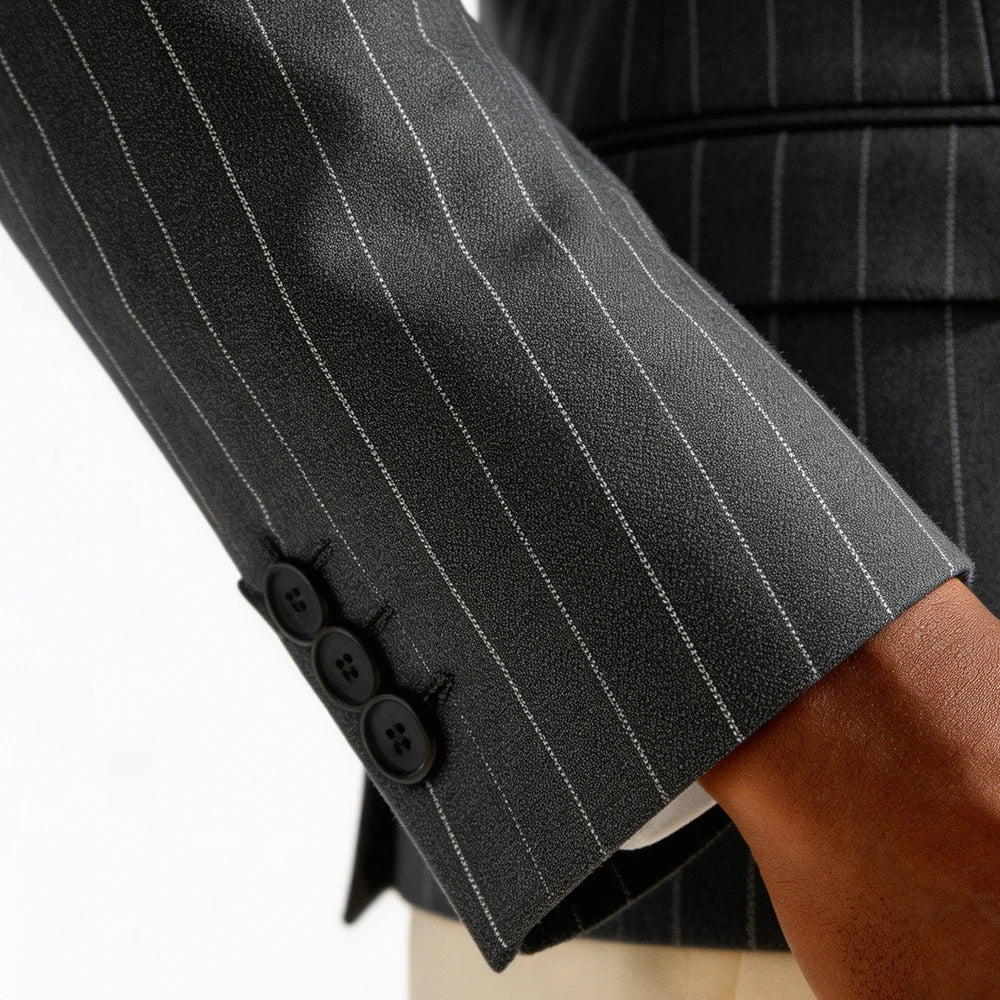 Men's Pinstripe Double Breasted Blazer Classic Peak Lapel Slim Fit Striped Suit Jacket For Party Prom Business Formal Coats