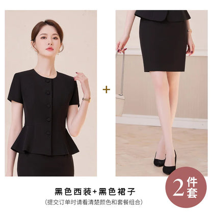 2025Summer Blue Short Sleeve Blazer Suit Professional Women's Skirt Set Short Skirt Elegant Fashion Formal Workwear