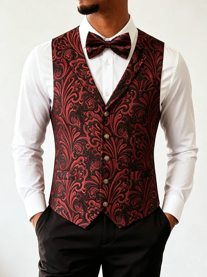 Men's Jacquard Floral Waistcoat Vest with Bowtie Set – Wedding & Formal
