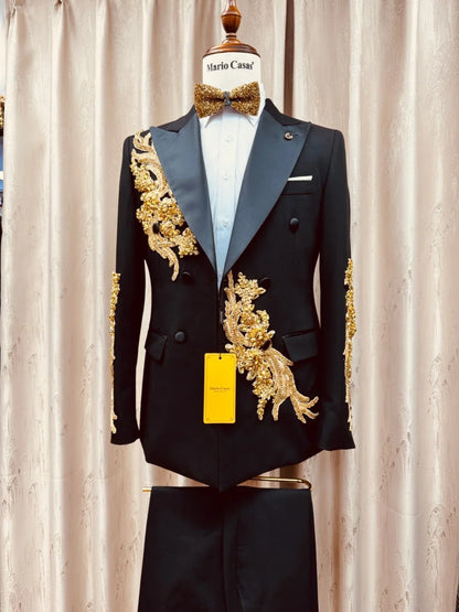 Men's Golden Embroidery Suit Set 2 Pieces Party Prom Wear Double Breasted Man Suits Wedding Groom Sets Handsome Tuxedo S-3XL