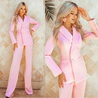 New Pink Women Suits Blazer Fashion Double Breasted Slim Fit Party Night Club Pants Suit Two Pieces