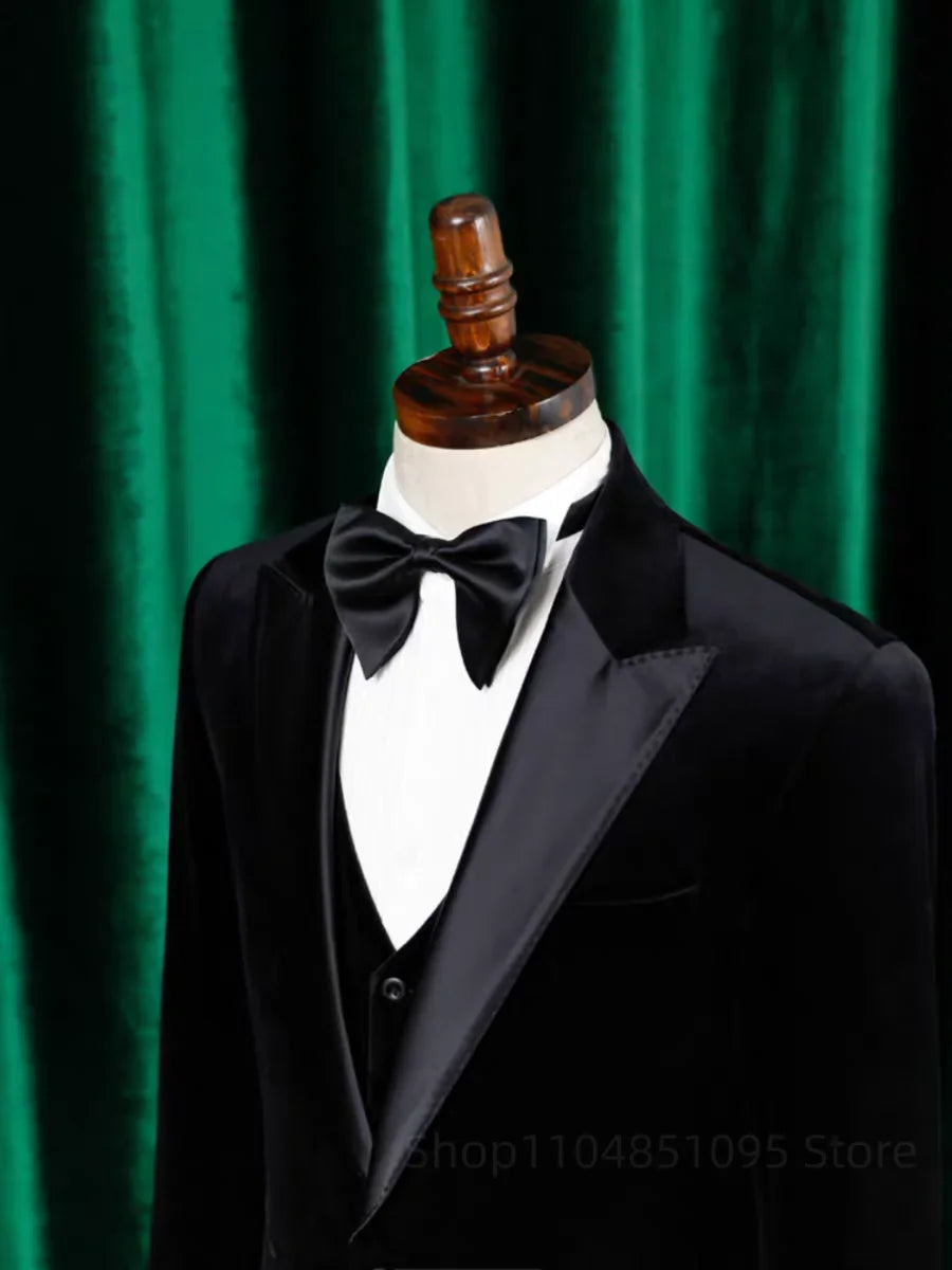 Black Velvet Men's 3 Piece Slim Fit Tuxedo Suits Business Wedding Party Elegant Blazer Vest Pants Set Formal Men's Clothing