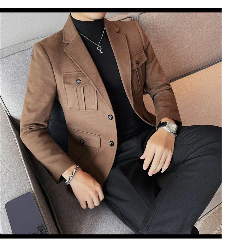 Winter Woolen Suit Jacket for Men Multiple Pockets Slim Fit Casual Business Blazers Masculino Wedding Streetwear Social Coats