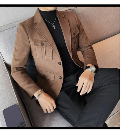 Winter Woolen Suit Jacket for Men Multiple Pockets Slim Fit Casual Business Blazers Masculino Wedding Streetwear Social Coats