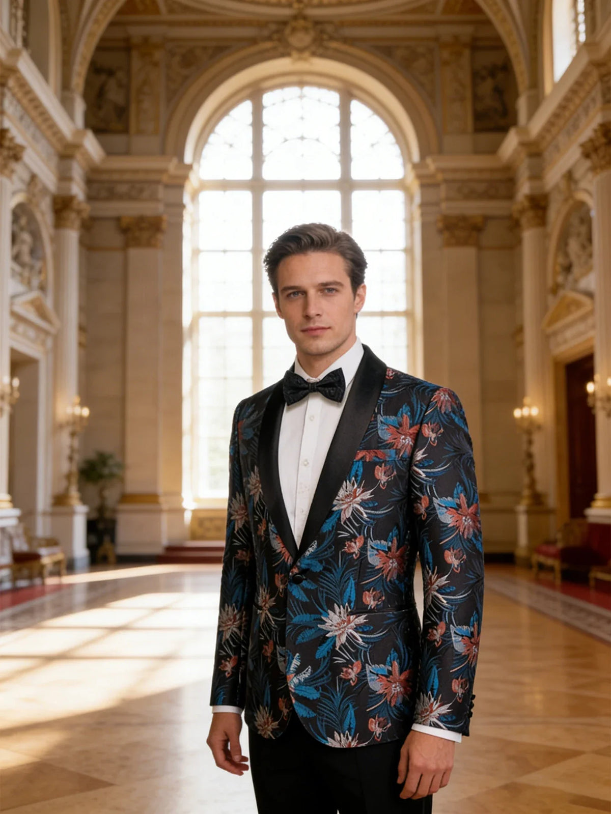 Tropical Floral Jacquard Mens Tuxedo Jacket, Black Shawl Lapel Slim Fit Blazer for Prom Banquet Wedding Photo Outfit